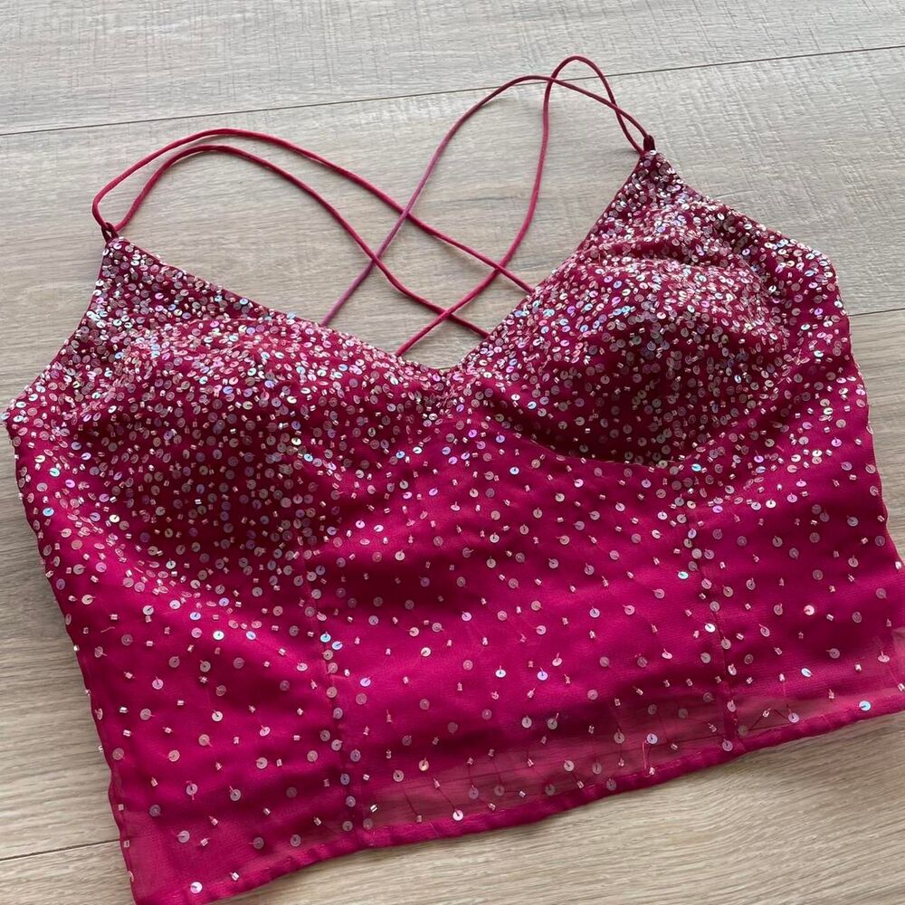 Le Gala Pink Sequin Strappy Crop Top Women's sz 4 Vintage Y2K Prom Strappy Glam